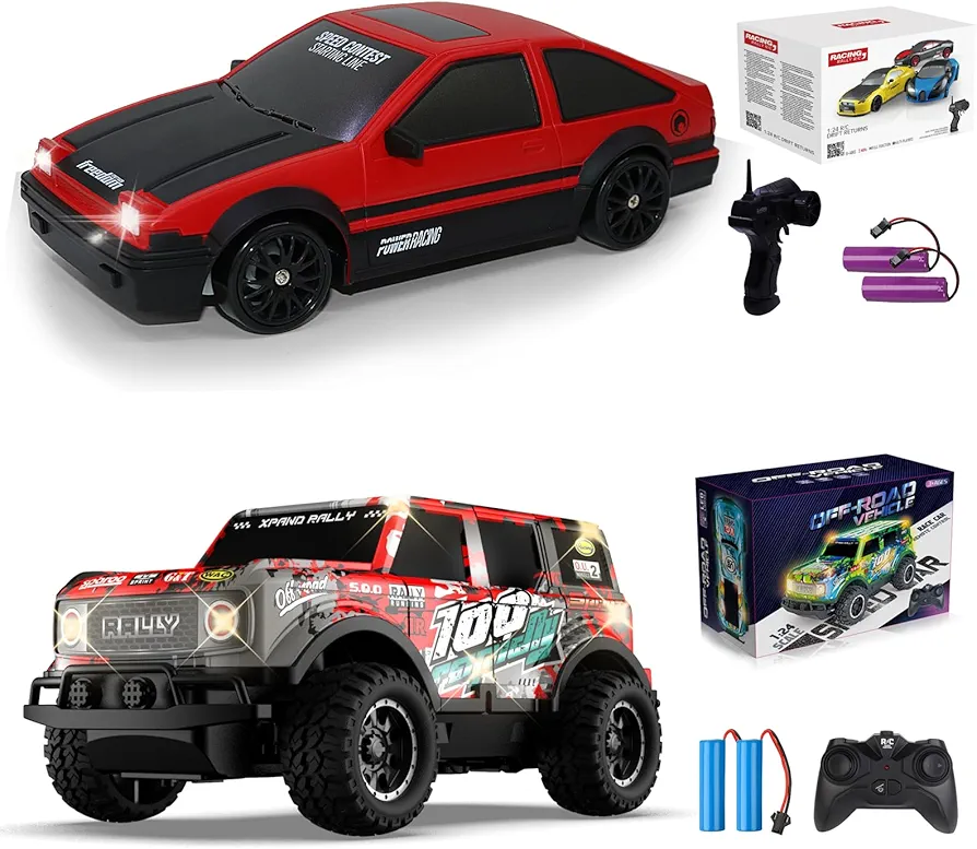 Remote Control Car, Light Up RC Car Toys, 2.4GHz 1:24 Scale 15KM/H Off-Road with Cool LED Lights + Remote Control Car RC Drift 2.4GHz 1:24 Scale 4WD 15KM/H High Speed Model Vehicle with LED Lights Adu