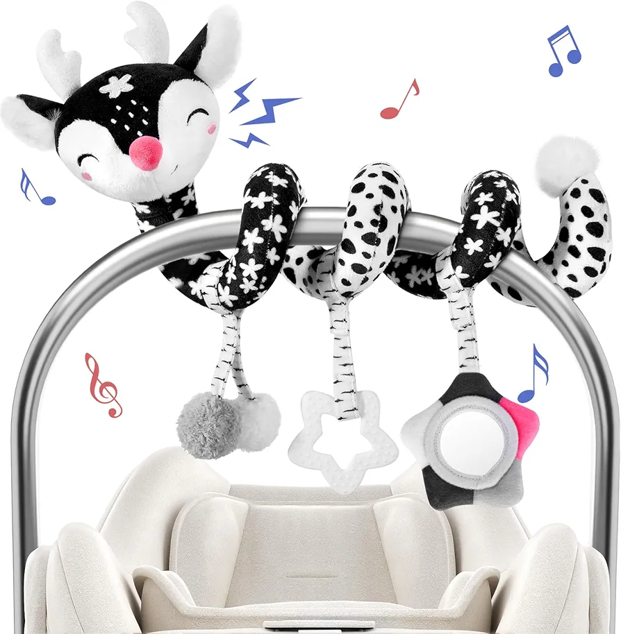 Car Seat Toys for Babies 0-6 Months Boy&Girl, Carseat Toys Hanging Black and White High Contrast Toy for Baby 0-3 Months, Spiral Activity Plush Toys Stroller Toys for 0 3 6 9 12 Months Baby Ideal Gift