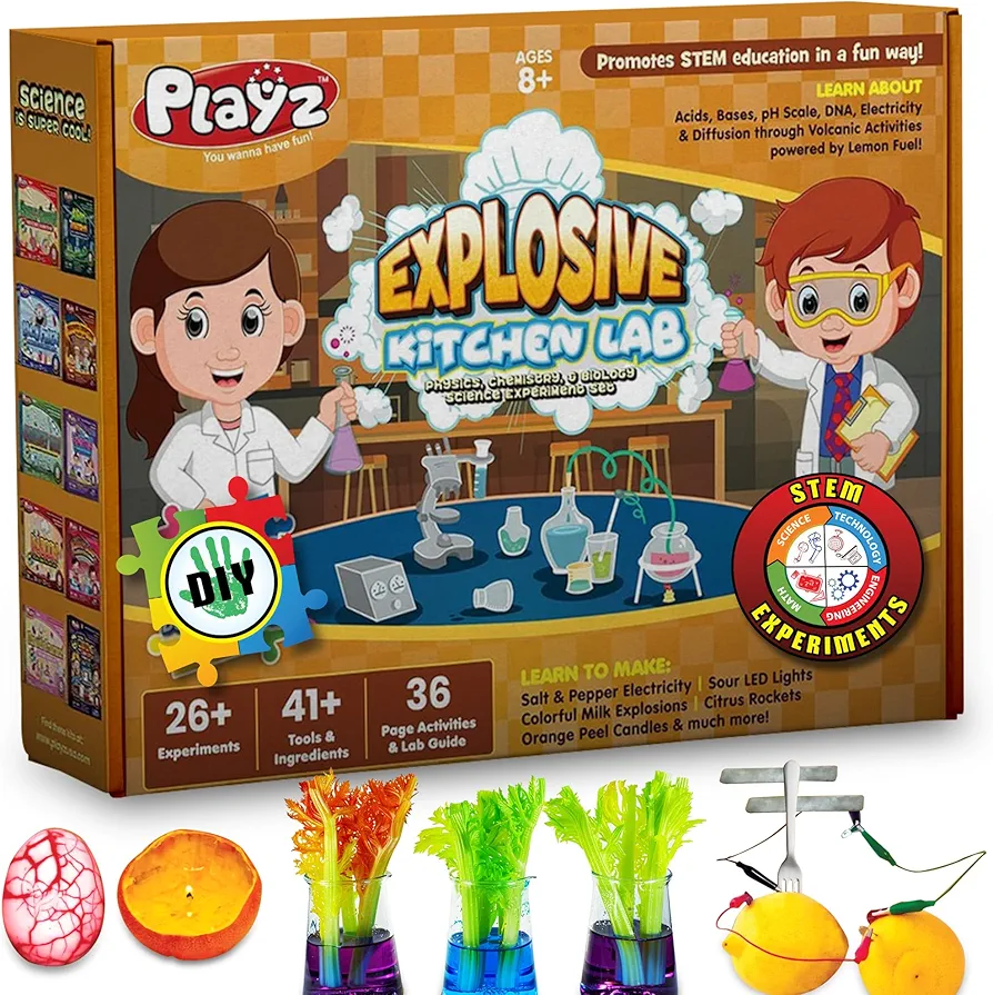 Playz Explosive Kitchen Lab Educational Science Kit for Kids Age 8-12 with 26 Science Experiments to Make Citrus Rockets, Sour LED Lights & More - Chemistry Set Toys for Boys, Girls, Teenagers & Kids