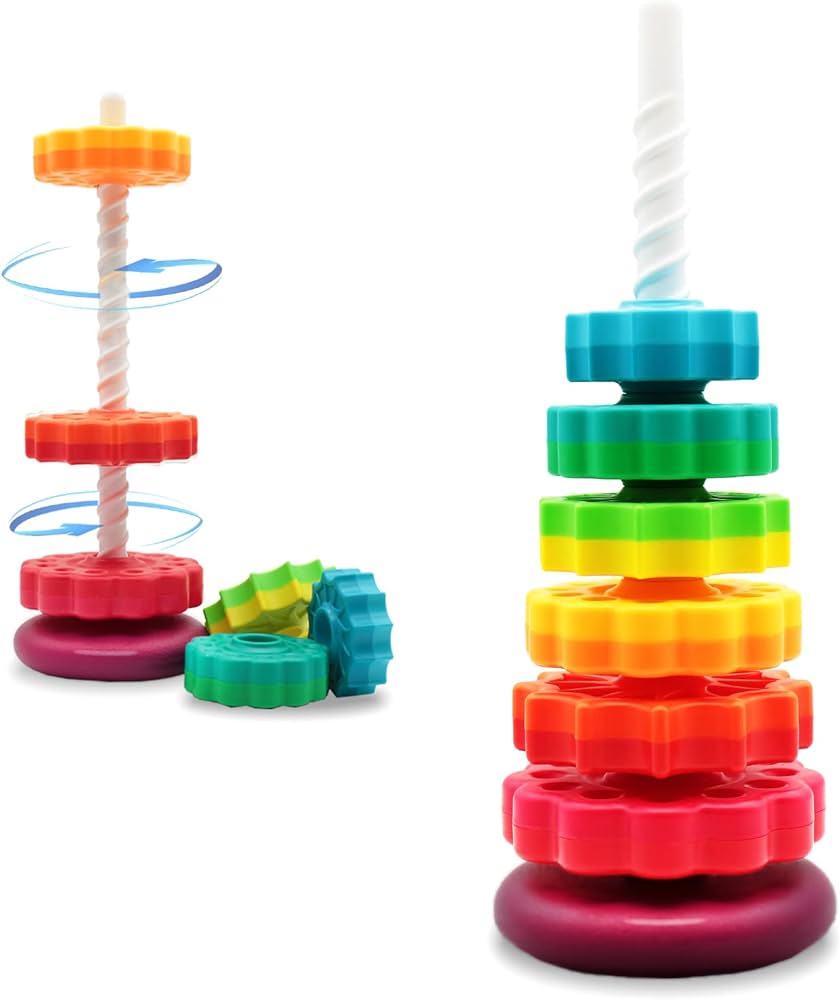 Educational Spinning Stacking Toys, Rainbow Stacking Rings Baby Toy, Toddlers Toys Montessori Sensory Learning Toy for Girls and Boys Spin Wheel Toys for 1-3 Year Old