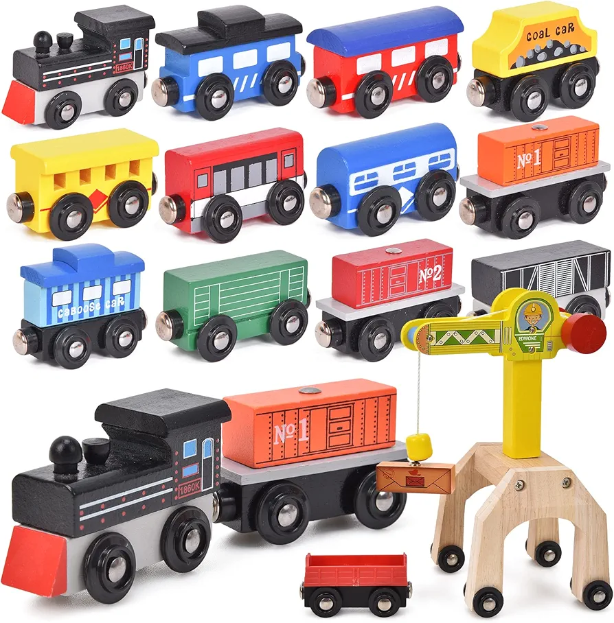 Atoylink Wooden Train Cars Set with Crane Toddlers Magnetic Train Toys Locomotive Engines Train Accessories Crane Toy for Kids Boys Girls Age 3 4 5 6 7 Compatible with Train Tracks