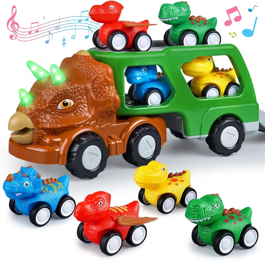 Exciting 5 in 1 Dinosaur Truck Toy Set for Toddlers | Light, Sound & 4 Mini Dinosaur Cars | Educational and Fun Gift for Boys and Girls Aged 3-8 Years Old (Green)