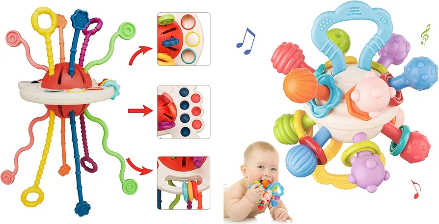 Montessori Toys Food Grade Silicone Pull String Activitys Baby Sensory Teething Toys, Teething Relief Ball for Infants Rattle Chew Toys