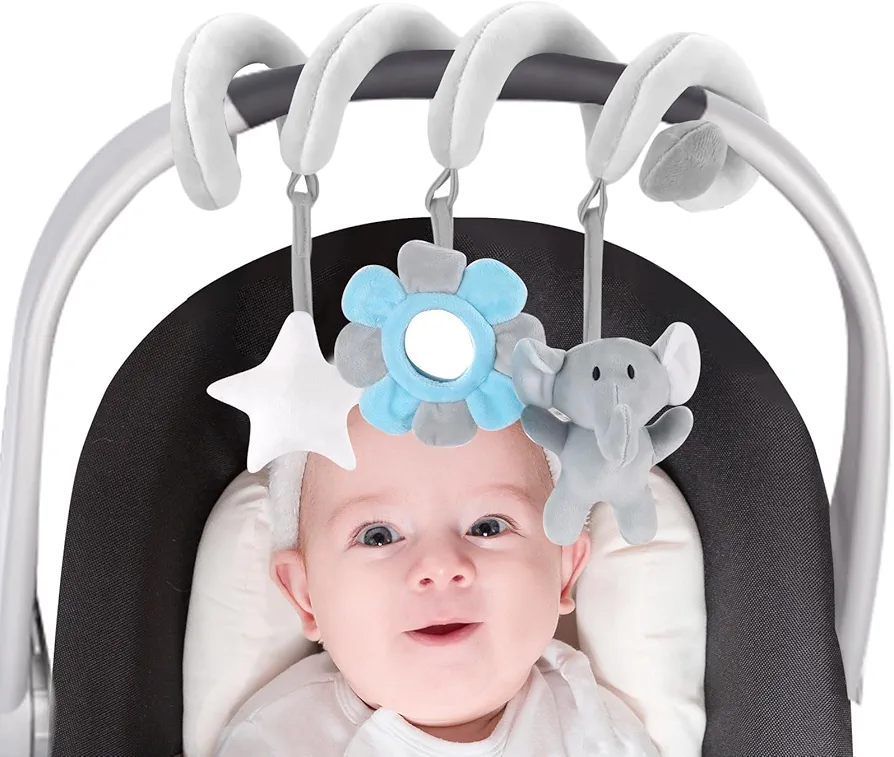 vocheer Car Seat Toys for Babies 0-6 Months Boys, Hanging Rattle Bouncer Toys for Crib Mobile, Infant Spiral Plush Stroller Toys, Grey Elephants