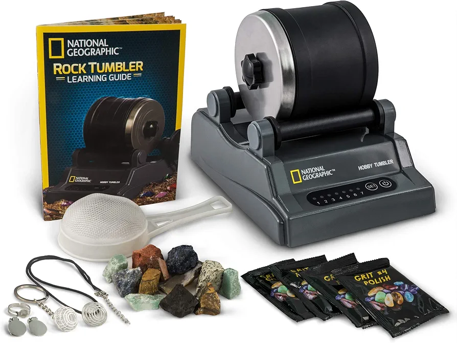 NATIONAL GEOGRAPHIC Rock Tumbler Kit – Hobby Edition includes Rough Gemstones, and 4 Polishing Grits, Great STEM Science Kit for Geology Enthusiasts, Rock Polisher for Kids and Adults