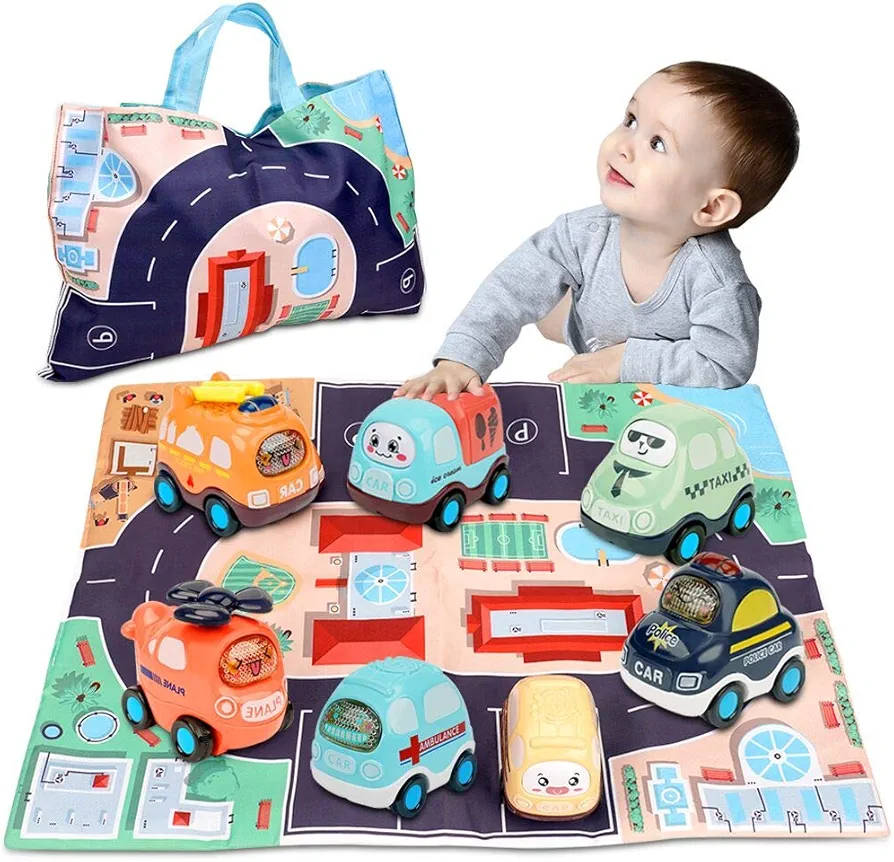 Baby Toy for 1 Year Old Boy | 7 Set Push and Go Cars Toy with Play Mat/Storage Bag for Toddlers | Early Educational Toys and Birthday Gift for 1 2 3 Years Old Boys Girls