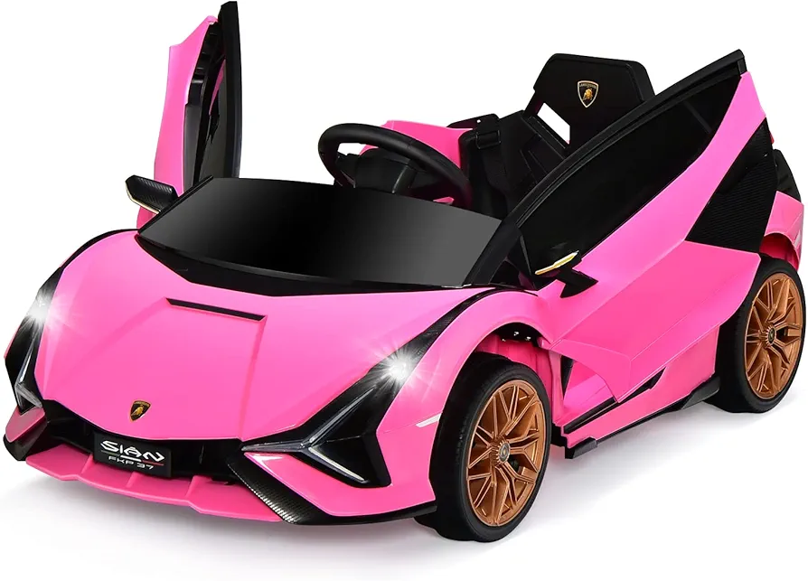 INFANS 12V Licensed Lamborghini Sian Kids Ride On Car with Parent Remote Control, Spring Suspension, MP3 Player, Electric Toy Roadster Carbon Fiber Textured for Toddler (Pink)