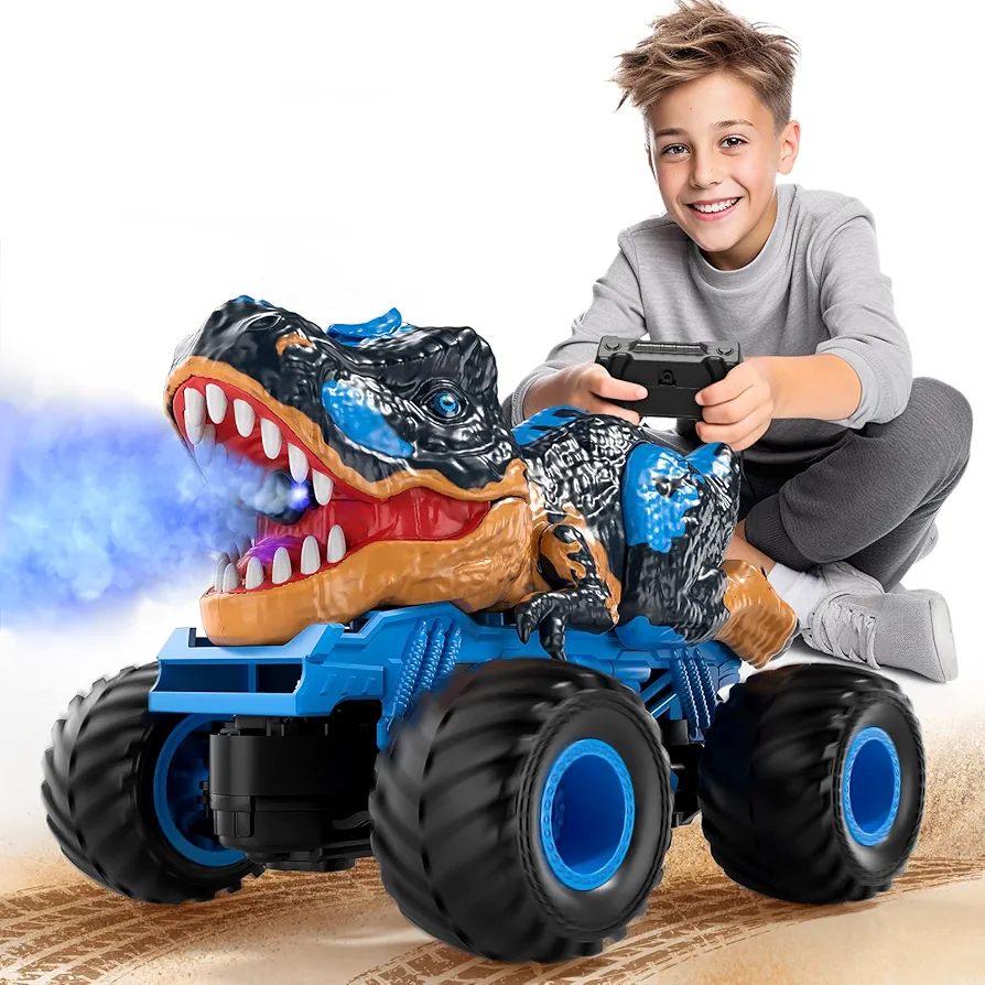 2.4Ghz Remote Control Dinosaur Truck for Kids 3 4 5 6 7 8 Years old, RC Dino Car for Toddlers, Hobby RC Monster Car with Light & Sound, Spray Features, Gift for Boys Girls