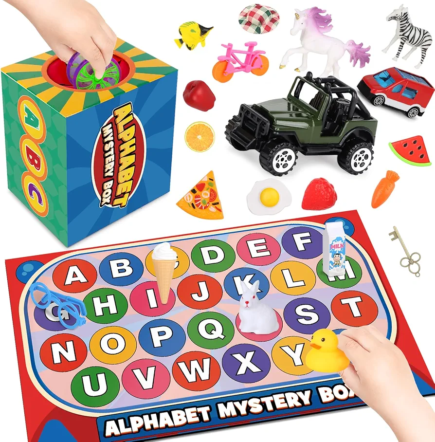 Joyreal Alphabet Learning Toys for Kids, Alphabet Mystery Box with 26 PCS Alphabet Toys for Early Awareness & Recognition, Fun Education Classroom Supplies Letter Sounds Teaching Letter Games