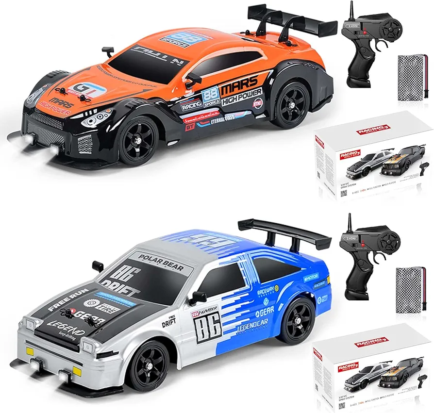 2PCS Remote Control Car RC Drift Car 1/16 Scale 4WD 18KM/H High Speed RC Car 2.4GHz with LED Lights Spray Racing Toy Car for Adults Boys Girls Kids Birthday Rechargeable Batteries