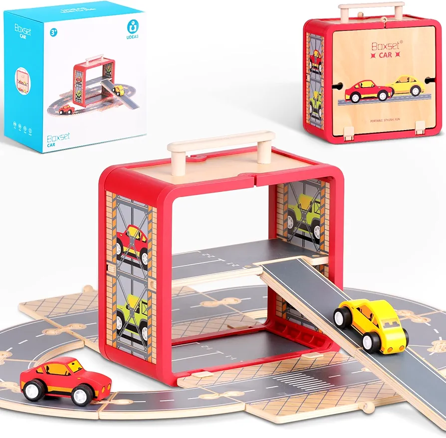 Wooden Toy Car Set for Toddlers, Car Track and Parking Garage Playset, Toy Vehivle Set with Blocks Storage Box for Kids Boys and Girls