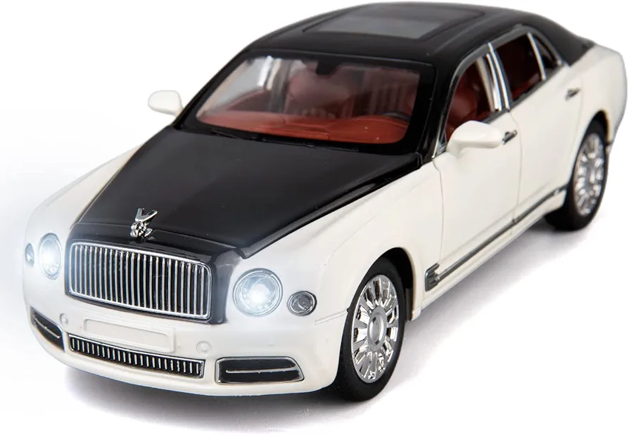 BDTCTK Compatible for 1:24 Scale Bentley Mulsanne Diecast Cars Models, Pull Back Car Toys with 6 Open Doors, Light and Sound, Boys Toys Kids Adults Gifts (White)