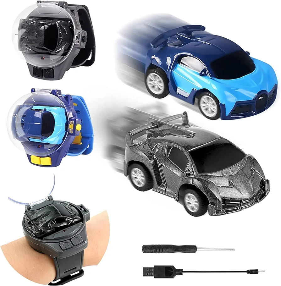 2PCS Mini Remote Control Car Toy, 2.4 GHz Watch Wrist Hand Controlled Racing Car with USB Charging, RC Toys for Boys and Girls (Grey + Blue)