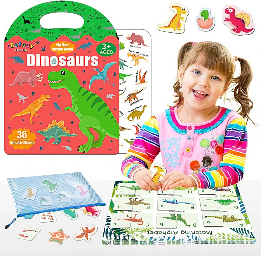 Reusable Sticker Books for Kids 2-4, Jelly Quiet Book, Preschool Learning Activities Busy Book for Toddler Travel Toys Waterproof Stickers for Kids ( Dinosaurs)