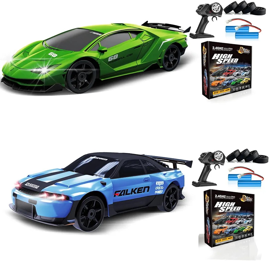 2PCS Remote Control Car RC Drift Car 2.4GHz 1:24 4WD 15KM/H High Speed Racing Sport Car with LED Lights Drifting Tire Racing Sport Toy for Adults Boys Girls Kids Gift 2Pcs Rechargeable Batteries