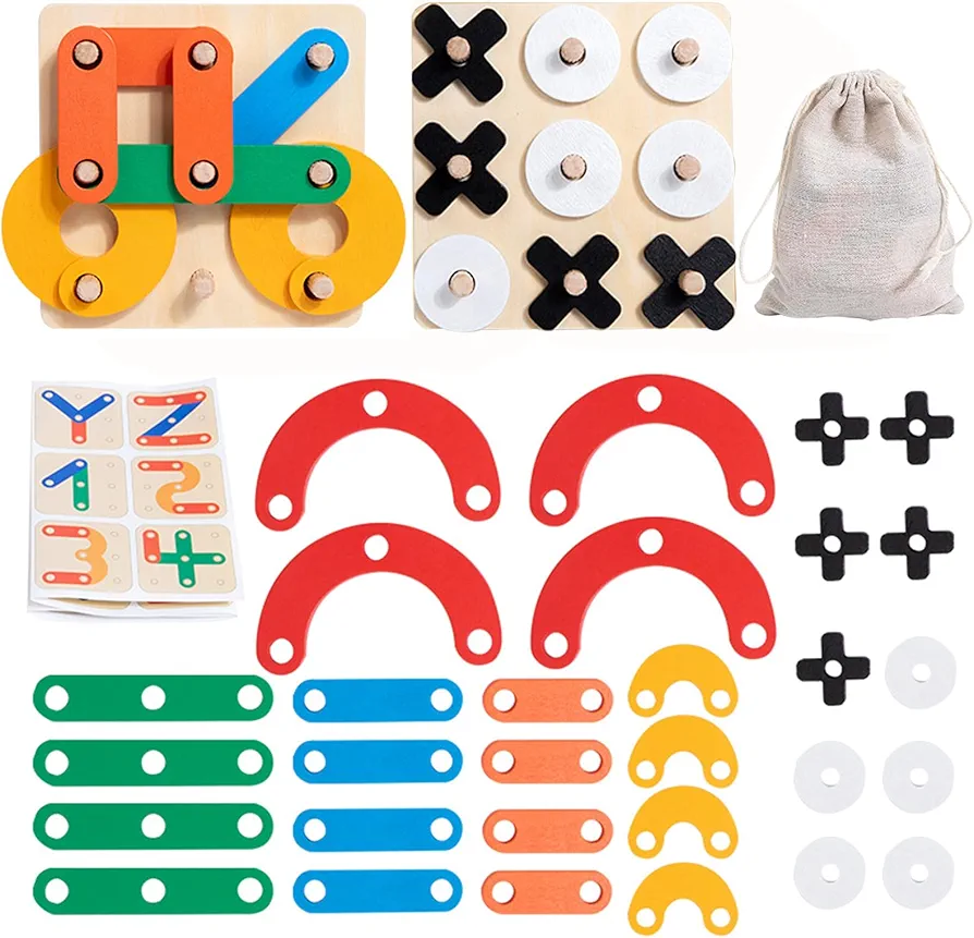 Wooden Letter and Number Construction Activity Puzzle Tic Tac Toe Game Learning Educational Preschool Toys Shape Color Recognition Pegboard Sorter Montessori Toys for Toddlers Kids Boys Girls