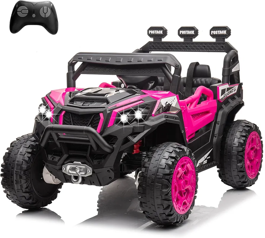 POSTACK 24V Kids Ride on UTV with Remote Control for Girls Boys 4X4 Off-Road Ride on Truck Buggy Car Battery Powered Electric Vehicle 4 Wheeler with Music, LED Lights, Bluetooth, Storage Trunk, Pink