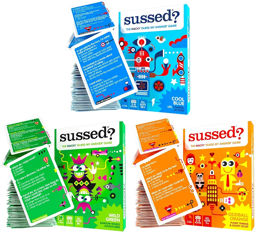 SUSSED 650 Wacky Conversation Starters for Kids, Teens & Adults- The ‘Guess My Answer’ Card Game - Hilarious Gift for Family Fun - Blue, Green and Orange Bundle