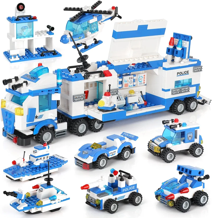 WishaLife City Police Mobile Command Center Truck Building Toy, W/Police Car, Airplane, Boat, Gifts for 6 Plus Year Old Kids, Boys, Girls (1338 PCS)