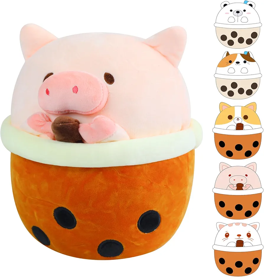 Boba Pig Plush Toy, 11.8" Cute Boba Plushie Cartoon Stuffed Booba Pig Bubble Tea Plush Hugging Pillow Cuddle Sleeping Pillow Birthday Gifts for Kids Girls Bedroom Decor Pink