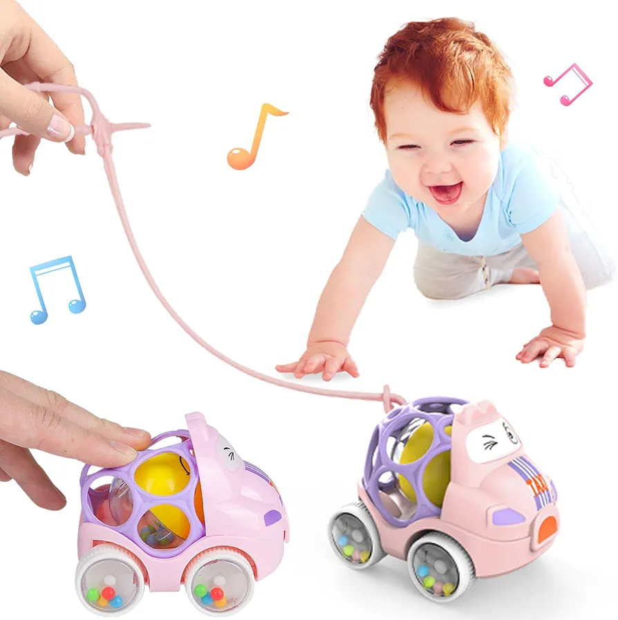 ZMZS Pink Toy Car for 6-12 Months Baby Girl Gifts, Soft Rattle & Roll Cars for 12-18 Months Infant Girls, Push Cars for Toddler 1-3 with Toy Strap, Taxi Truck for Babies Boys 1 2 3 Yr Birthday Gift