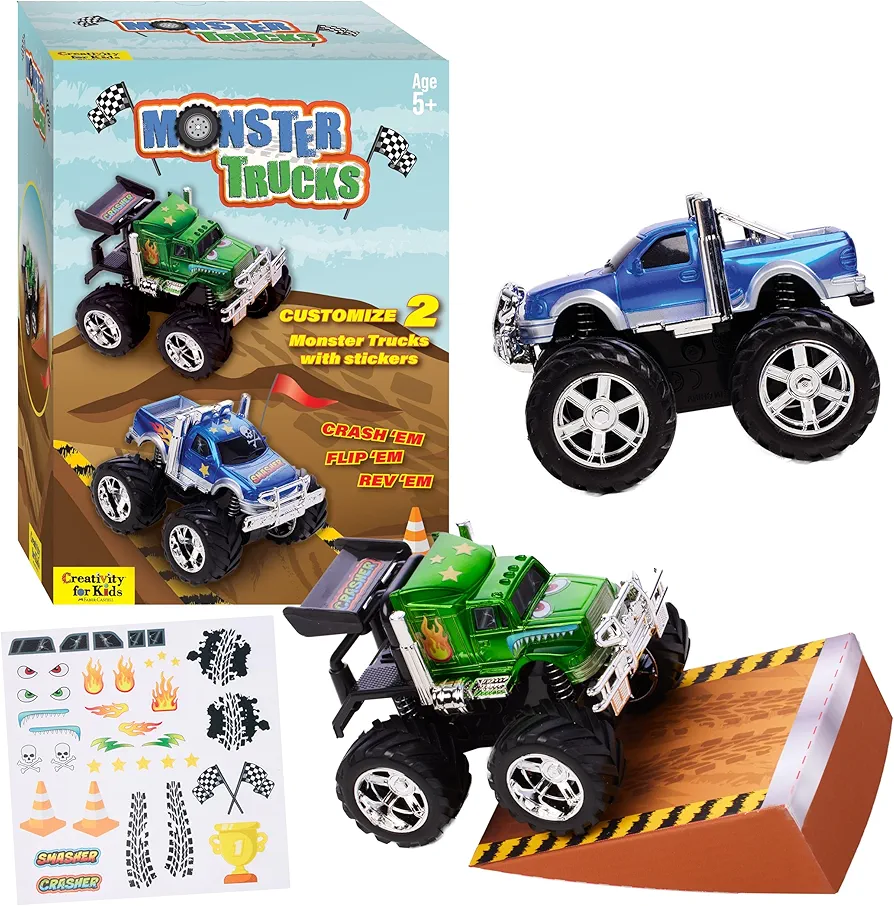 Creativity for Kids Monster Trucks Craft Kit: Customize 2 Monster Truck Toys, DIY Arts and Crafts for Kids, Monster Truck Toys for Ages 5-7+, Gifts for Kids and Toy Cars for Boys