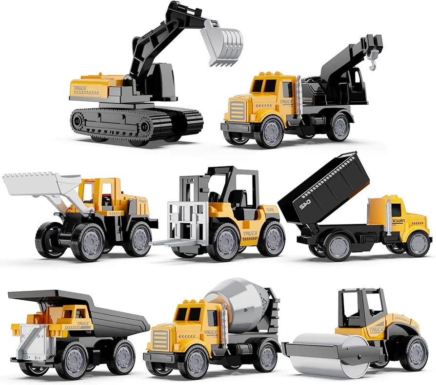 Alloy Mini Construction Vehicles,8Pcs Die-cast Construction Toys Set,Excavators Mixer Truck Bulldozers Forklift Dump Truck Toys,Pull Back Car Toys for Toddlers Kids Boys & Girls