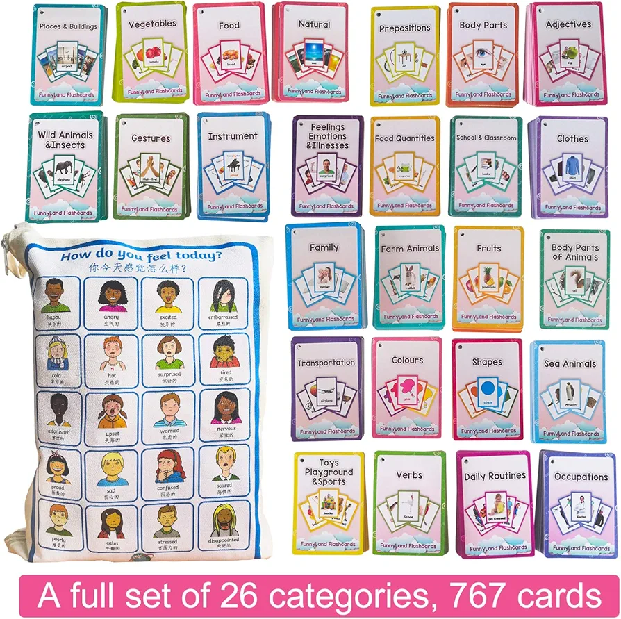 26 Categories 767 PCS Kids Montessori English Learing Flash Cards Pocket Card Baby Toys for Children Pre-Kindergarten Education