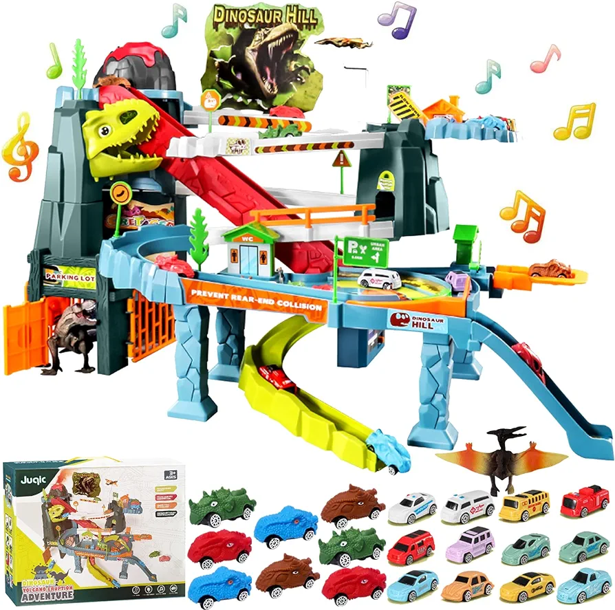 Children's Toy Car Ramp Track Dinosaur Spray Hills Adventure Railcar Slot Car Vehicle Race Play Set with 20 Mini Cars for Preschool Boys Puzzles Gifts Kids Ages 3 to 6 or Older (Spray Dinosaur)