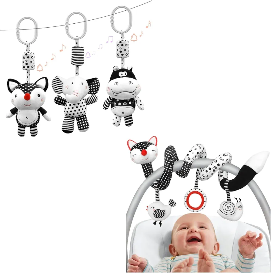 XIXILAND Car Seat Toys Baby Toys 0-3 Months Infant Toys Spiral Stroller Toys & Hanging Rattle Toys igh Contrast Baby Toys for Crib Mobile, Baby Toys for 0 3 6 9 12 Months Girls Boys