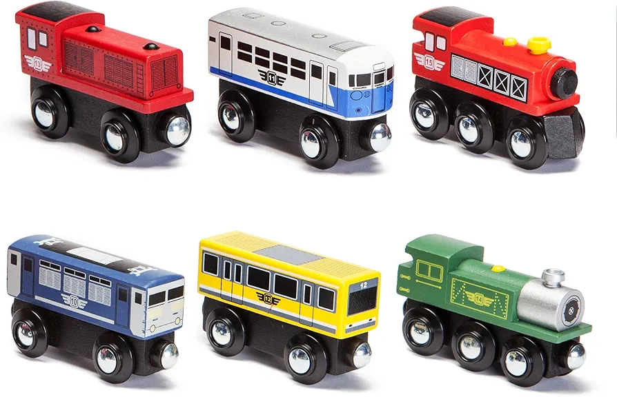 inc. Wooden Train Engines and Cars, Rolling Locomotive Engines with Magnetic Links for Pulling Wooden Rail Cars, Compatible with Major Brand Wooden Railway, 6 Pcs Set