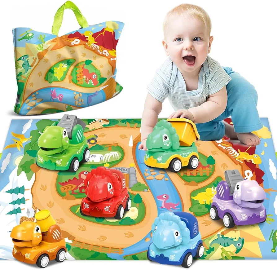 Baby Dinosaur Car Toys for 1 2 3 Years Old Boys Girls, 6 Pack Construction Trucks for Toddlers 1-3 with Playmat/Storage Bag|Baby Toys 12-18 Months | 1 2 Year Old Boy Birthday Gift for Infant