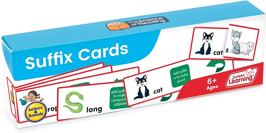 Junior Learning Suffix Flashcards, The Science of Reading Supplementary Resource Flashcards, Learn Suffix Rules, for Ages 6+, Grade 1, for Classroom or Home School use