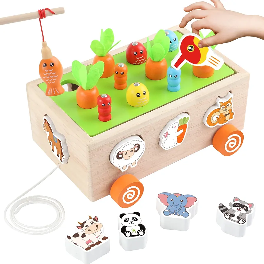 Montessori Toys for 1 2 3 Year Old Toddlers, 5 in 1 Wooden Shape Sorting & Matching Puzzle Carrots Harvest Game Catching Worm Fishing Preschool Learning Activities for Babies Boys and Girls