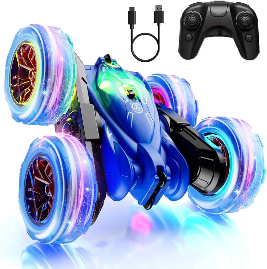 Remote Control Car, Rechargeable Fast Direct Charging RC Cars with Colorful Light, Double Sided 360° Flips RC Stunt Car 2.4Ghz 4WD All Terrain RC Race Car Toy Xmas Gift for Boys and Girls Aged 3-12