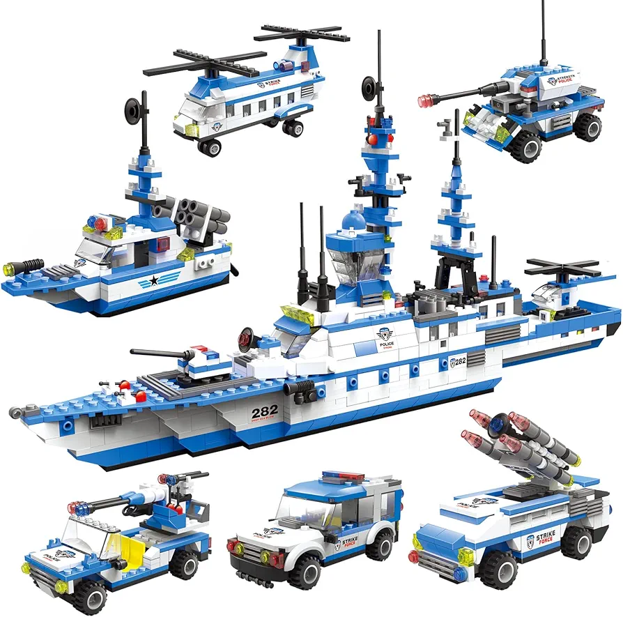 City Police Station Building Car Toys Set, 6 in 1 Military Battleship Building Toys with Helicopter with Portable Storage Boxes,Christmas Birthdays Gifts Toy for Boys Girls 6-12 old(1122 Pieces)