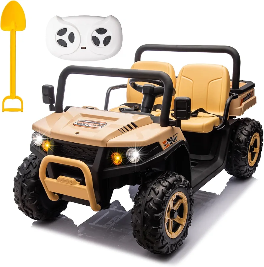 FINITO 24V 2 Seats Kids Electric Ride on Dump Truck, Kids UTV with Powerful Motor, Dump Bed/Shovel, Ride On Toy Car 4 EVA Rubber Tires, Remote Control Battery Powered Vehicle for Girl Boy, Khaki