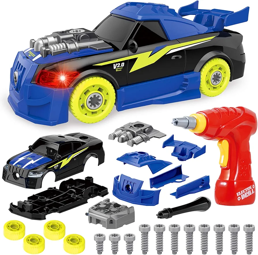 Coogam Take Apart Racing Car with Electric Screwdriver Tool, Fine Motor Skill Toy Car Construction Set STEM Building Learning Game with Light and Sound Gifts for Year Old Boys and Girls