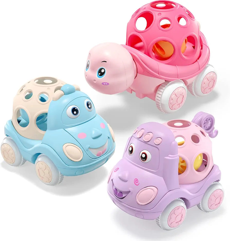 Baby Girl Toy Cars for Babies, Pink Car Toys for Baby Girls Gifts, Toy Car for Infant Toddler Girl, Push and Go Trucks Rattles Soft Rattle Car for Toddlers Infants Gift