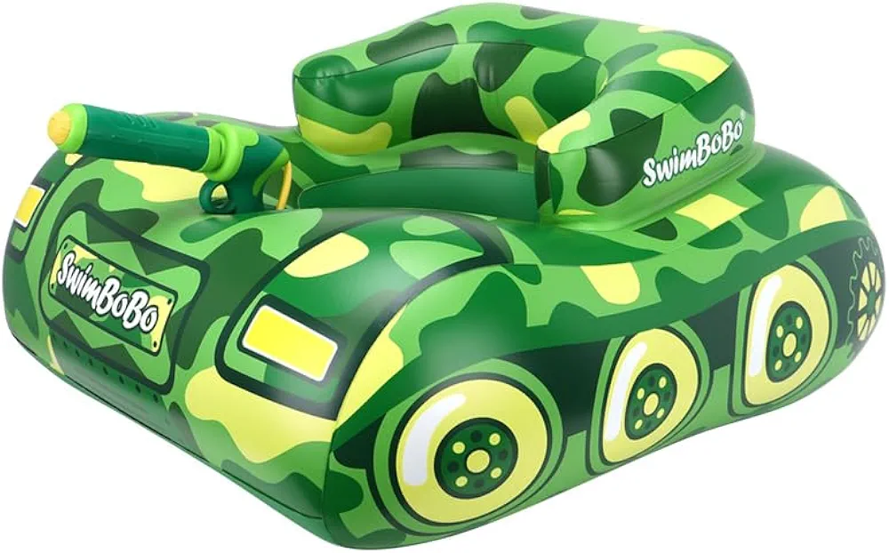 Swimbobo Toddler Pool Float with Seat Boat Inflatable Ride-on Airplane Pirates Sharks Car for Kids Outdoor Toys(Green Tank)