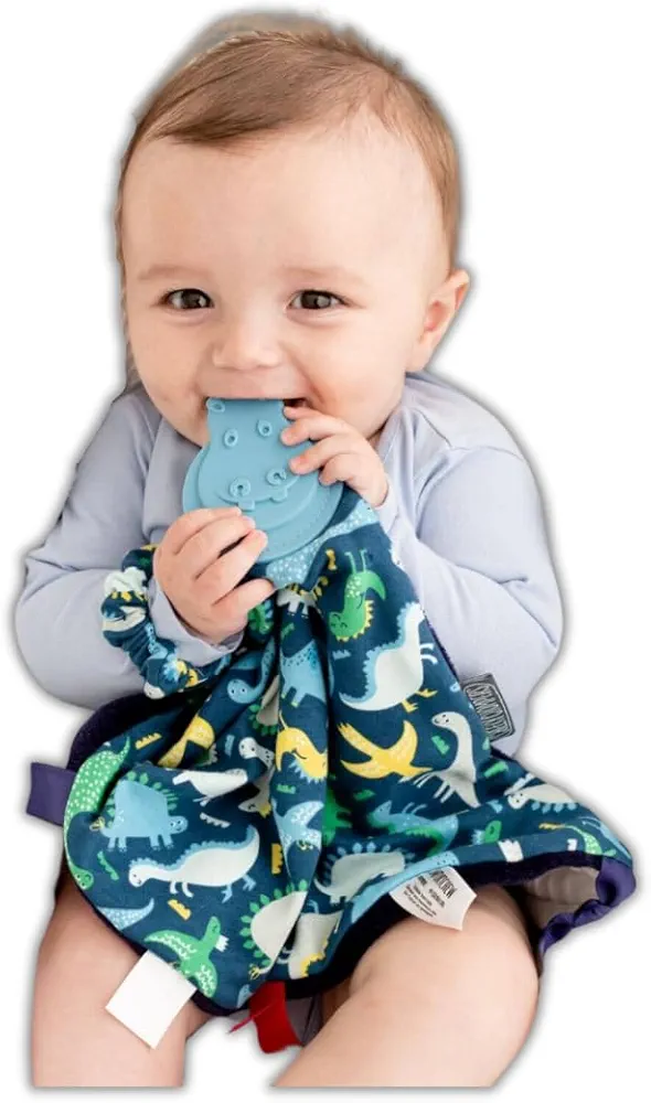 Cheeky Chompers Comfortchew | Baby Lovey with Silicone Teether & Sensory Tags | Soft Fleece Material, Attachable Loop, Machine Washable | (Baby Dino)