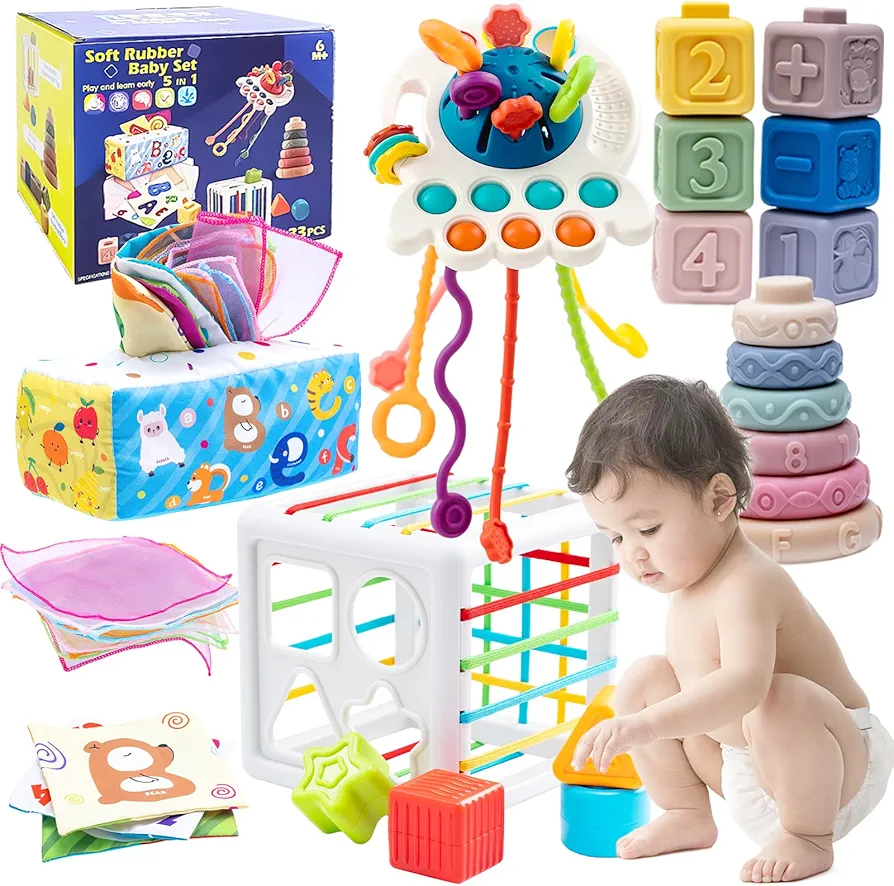 5 in 1 Montessori Toys for Babies 6-12 Months, Baby Toys Including Pull Rope Toys, Soft Blocks, Baby Stacking Toys, Tissue Boxes and Sensory Shape Sorting Toys, Baby Sensory Toys for Baby Gifts