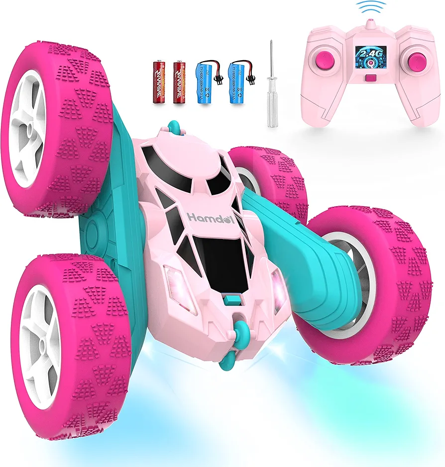 Remote Control Car for Girls Pink RC Car Double Sided 360°Flip Stunt Car with Headlights, All Terrain Tires, Rechargeable Batteries Toy Car for 6 7 8 9 10 11 12 Girls Birthday