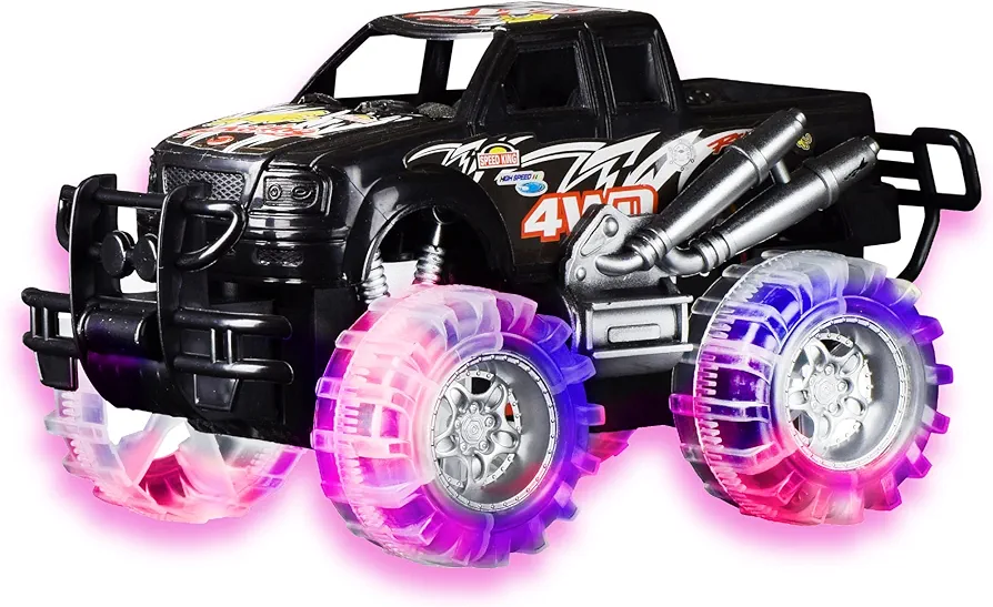 Playo Monster Trucks for Boys - Car Toys for Boys & Girls - Light up Toys for Kids - 6" Truck with Flashing LED Tires - Toy Cars for 3 Year Old boy + - Push n Go Childrens Birthday Gift (Black)