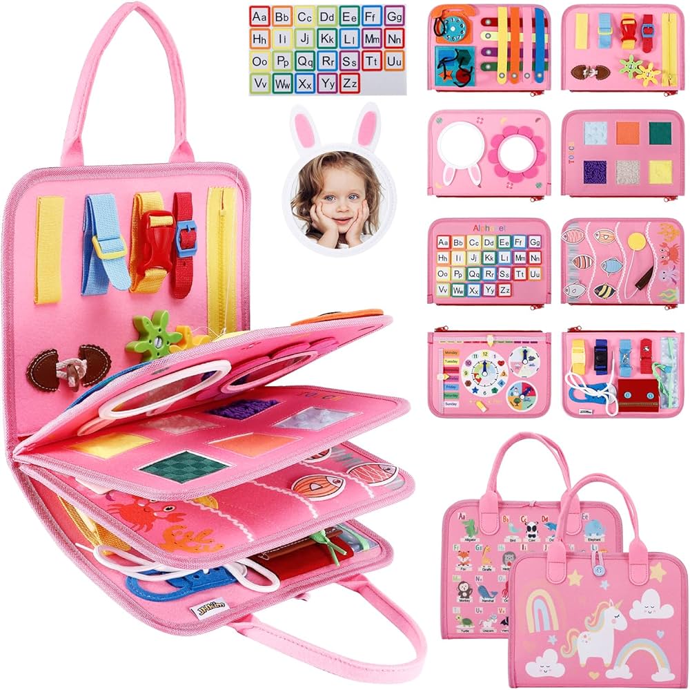 Busy Board for Toddlers 1-4, Sensory Board Travel Toys Gifts for 1 2 3 4 Year Old Girls Boys, Montessori Toys to Learn Fine Motor Skills, Educational Activities Busy Book for Airplane Car (Pink)