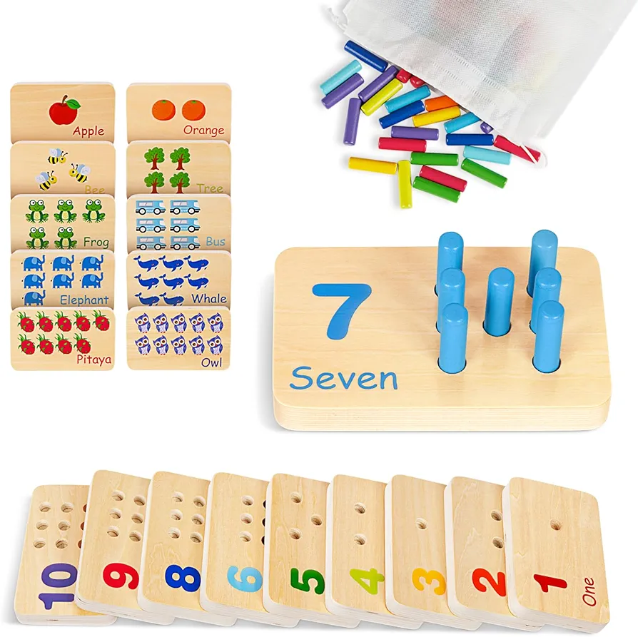 TOOKYLAND Peg Board Toddler Toys, Counting Wooden Toys with 55 Pegs, Wooden Math Manipulatives,Montessori Math and Numbers for kids & Kindergarten Learning Activities