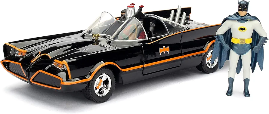 1966 Classic TV Series Batmobile 1:24 Die-Cast Car with 2.75" Batman and Robin Figures, Toys for Kids and Adults