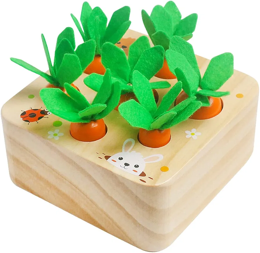 Wooden Toys for 1 2 3 Year Old Baby Boys and Girls, Montessori Toy Carrot Harvest Game Shape & Sorting Matching Puzzle, Educational Developmental Birthday Gifts for Babies Toddlers Kids 12 Months