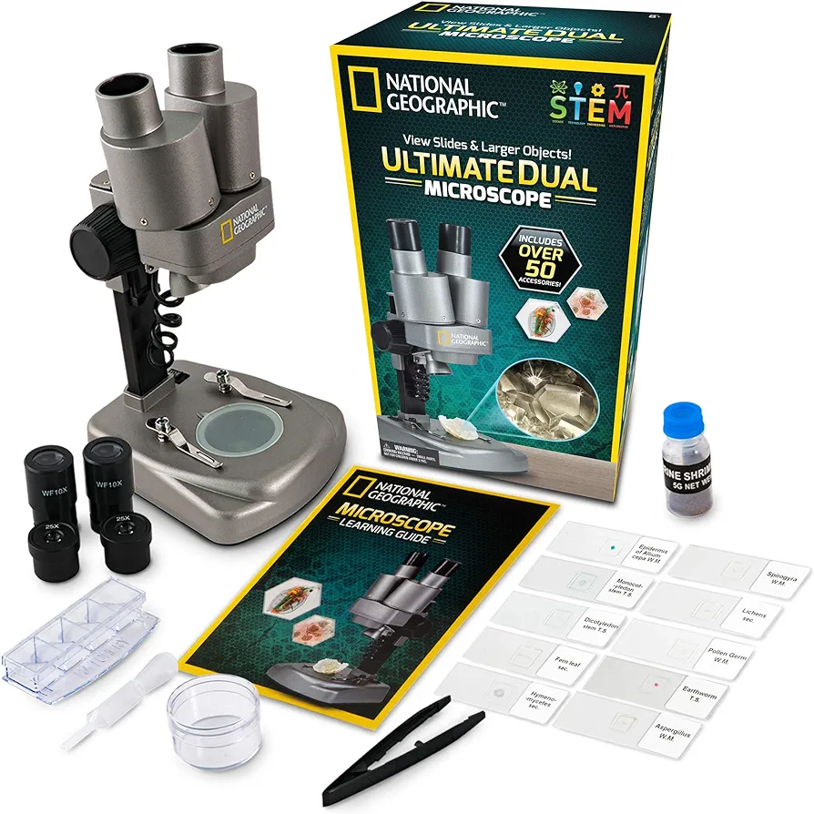 NATIONAL GEOGRAPHIC Dual LED Kids Microscope - 50+ pc Science Kit with 10 Prepared Slides & 10 DIY Blank Slides, Biology Experiment Activity, Microscope Kit for Kids 8-12 (Amazon Exclusive)