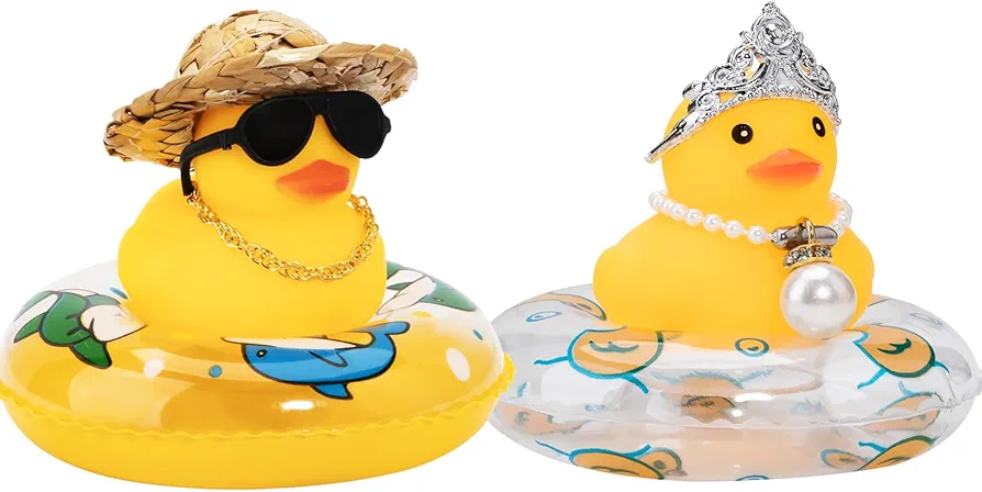 wonuu Pack of 2 Rubber Ducks, Queen Crown Pearl Duck and Straw Hat Duck, Surprising Birthday Gift Unique Table Decor Duck Car Decor Dashboard Decorations